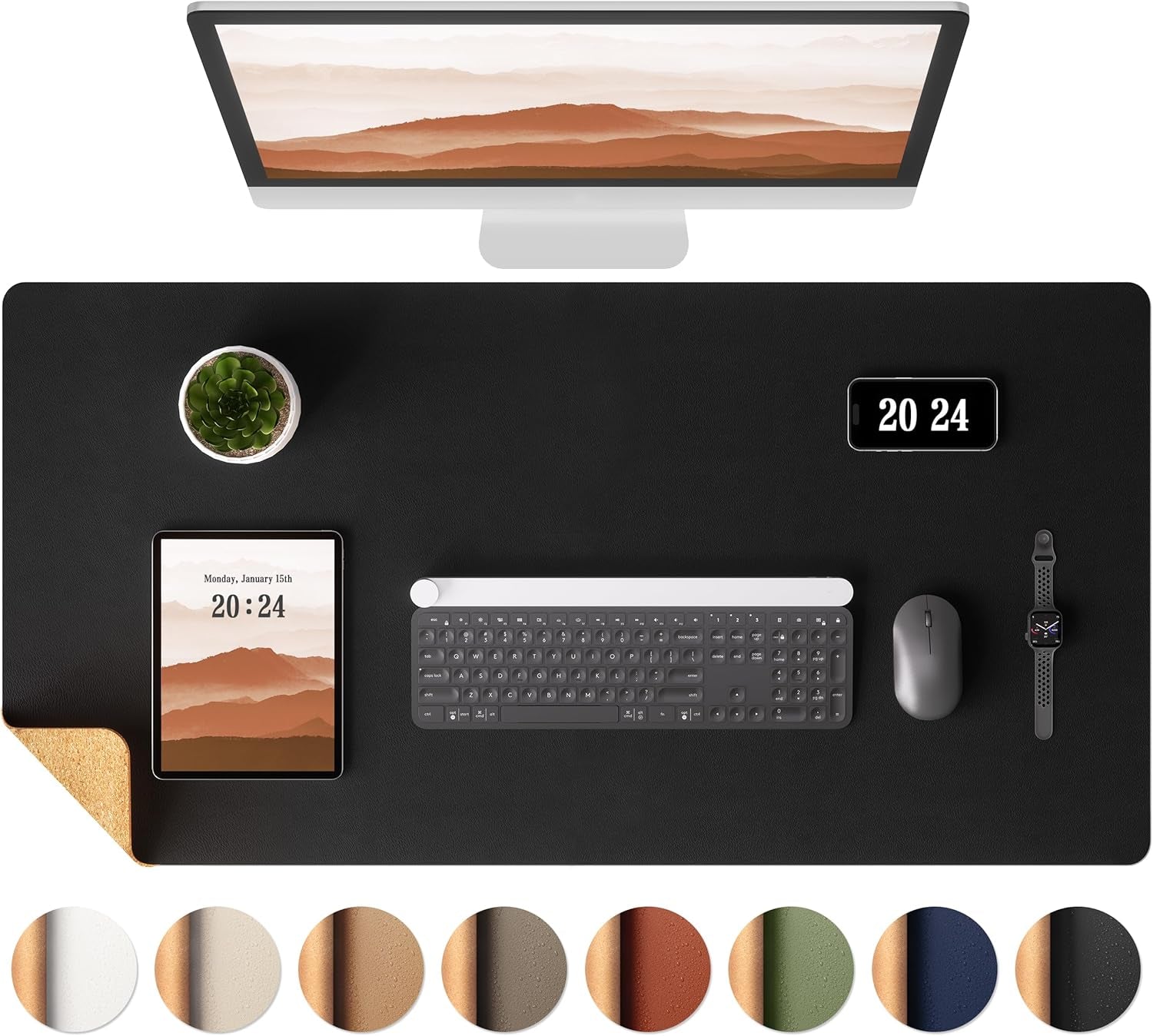 Dual-Sided Desk Pad - Leather Desk Mat, Natural Cork Desk Pad Protector, Large Mouse Pad for Desk, Waterproof Desk Blotter Pad, Desk Writing Pad for Office Work/Home, Apricot(25.6"X13.7")