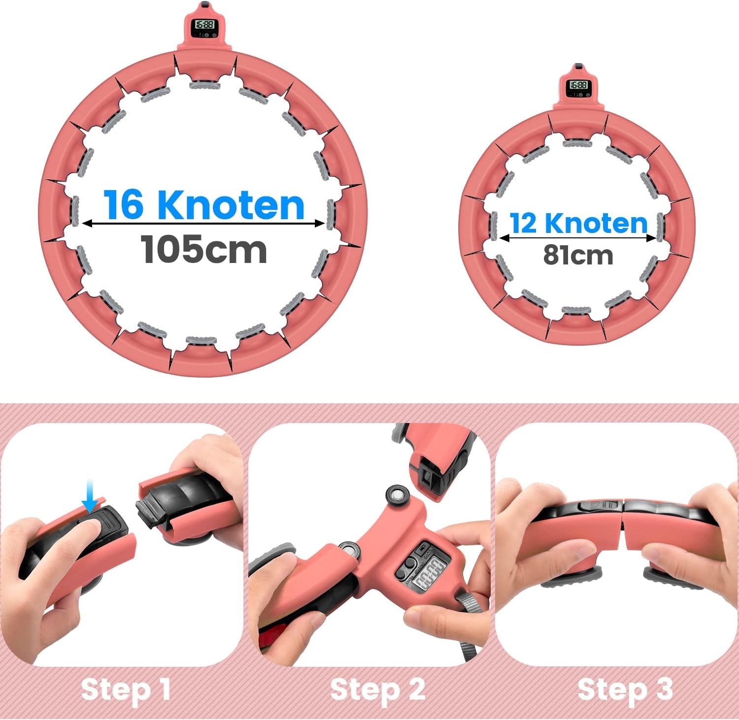 Smart Weighted Fitness Hoop for Adults Weight Loss Exercise Hoop, 2 in 1 Abdomen Massage Circle, Non-Fall Design with 16 Detachable Knots Timer and Adjustable Auto-Spinning Ball, Red