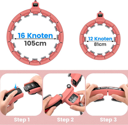 Smart Weighted Fitness Hoop for Adults Weight Loss Exercise Hoop, 2 in 1 Abdomen Massage Circle, Non-Fall Design with 16 Detachable Knots Timer and Adjustable Auto-Spinning Ball, Red
