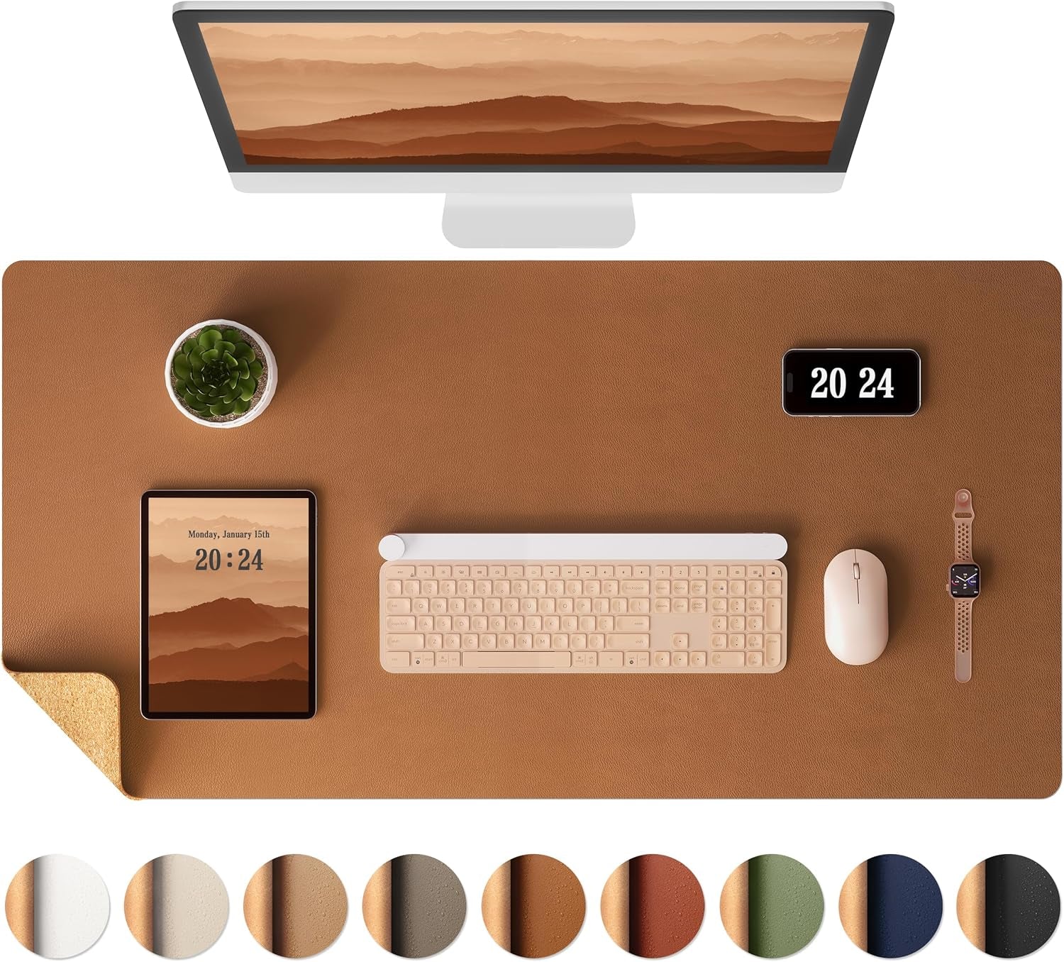 Dual-Sided Desk Pad - Leather Desk Mat, Natural Cork Desk Pad Protector, Large Mouse Pad for Desk, Waterproof Desk Blotter Pad, Desk Writing Pad for Office Work/Home, Apricot(25.6"X13.7")