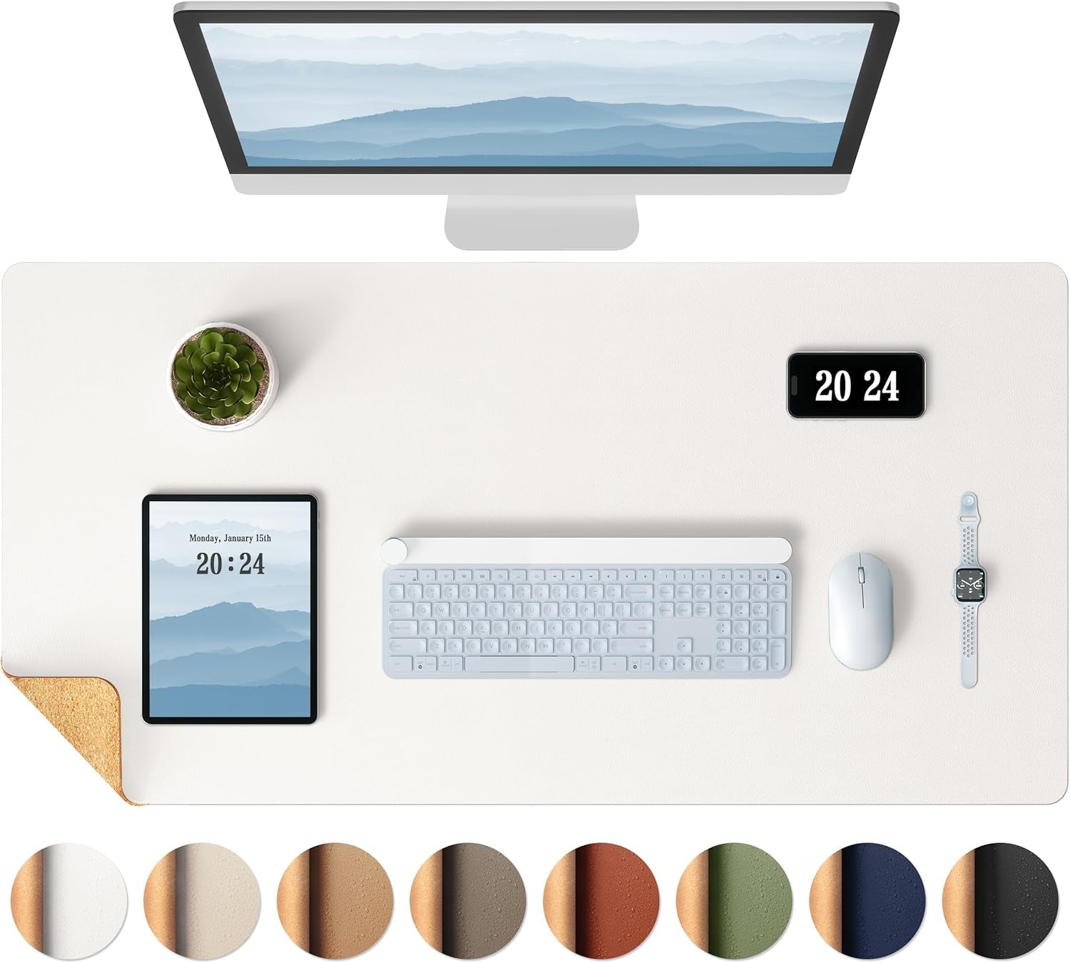 Dual-Sided Desk Pad - Leather Desk Mat, Natural Cork Desk Pad Protector, Large Mouse Pad for Desk, Waterproof Desk Blotter Pad, Desk Writing Pad for Office Work/Home, Apricot(25.6"X13.7")