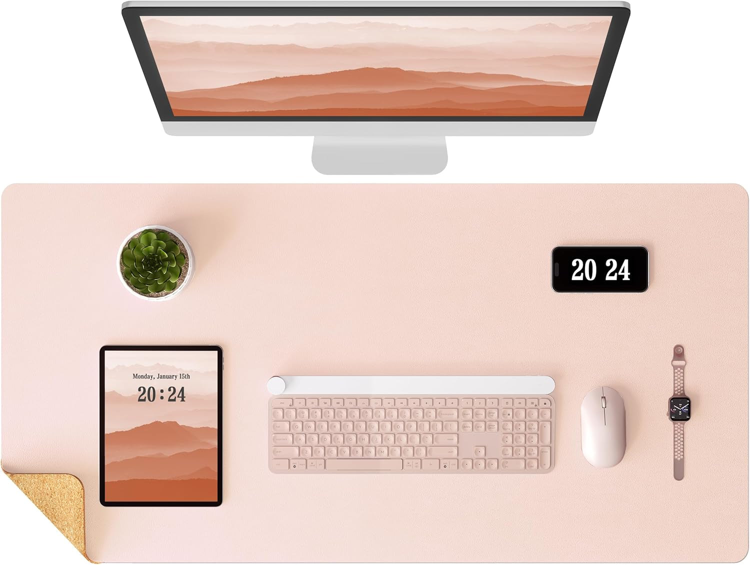 Dual-Sided Desk Pad - Leather Desk Mat, Natural Cork Desk Pad Protector, Large Mouse Pad for Desk, Waterproof Desk Blotter Pad, Desk Writing Pad for Office Work/Home, Apricot(25.6"X13.7")
