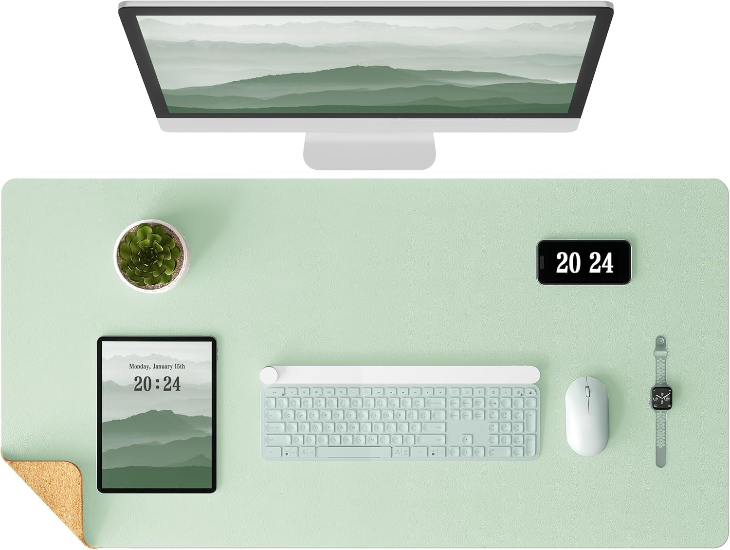 Dual-Sided Desk Pad - Leather Desk Mat, Natural Cork Desk Pad Protector, Large Mouse Pad for Desk, Waterproof Desk Blotter Pad, Desk Writing Pad for Office Work/Home, Apricot(25.6"X13.7")