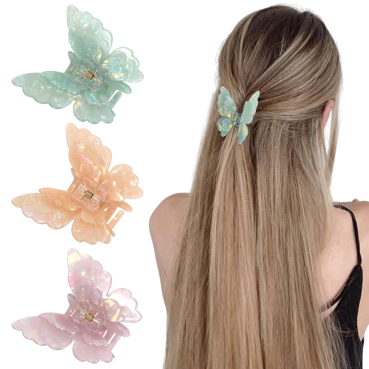 Hair Accessories - 3.3 Inch Butterfly Hair Claw Clips, Large Sized Jaw Clips for Girls and Women, 5 Pack