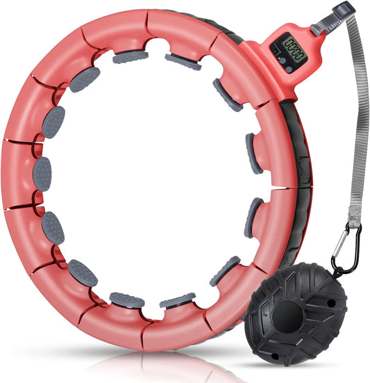 Smart Weighted Fitness Hoop for Adults Weight Loss Exercise Hoop, 2 in 1 Abdomen Massage Circle, Non-Fall Design with 16 Detachable Knots Timer and Adjustable Auto-Spinning Ball, Red