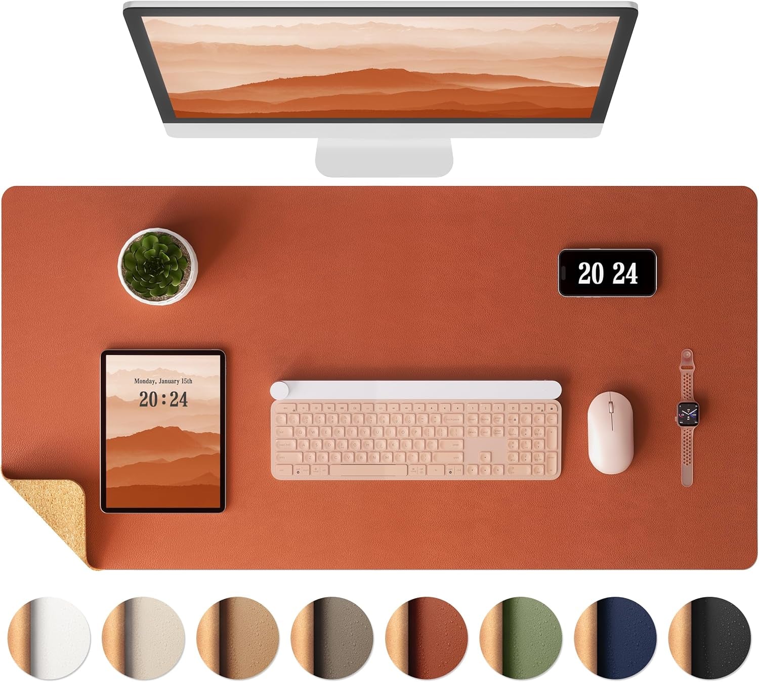 Dual-Sided Desk Pad - Leather Desk Mat, Natural Cork Desk Pad Protector, Large Mouse Pad for Desk, Waterproof Desk Blotter Pad, Desk Writing Pad for Office Work/Home, Apricot(25.6"X13.7")