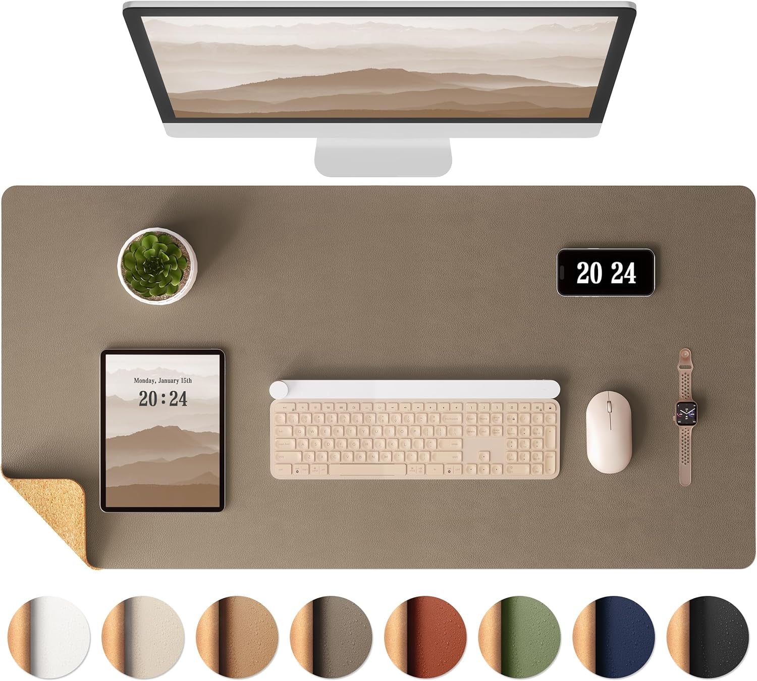 Dual-Sided Desk Pad - Leather Desk Mat, Natural Cork Desk Pad Protector, Large Mouse Pad for Desk, Waterproof Desk Blotter Pad, Desk Writing Pad for Office Work/Home, Apricot(25.6"X13.7")