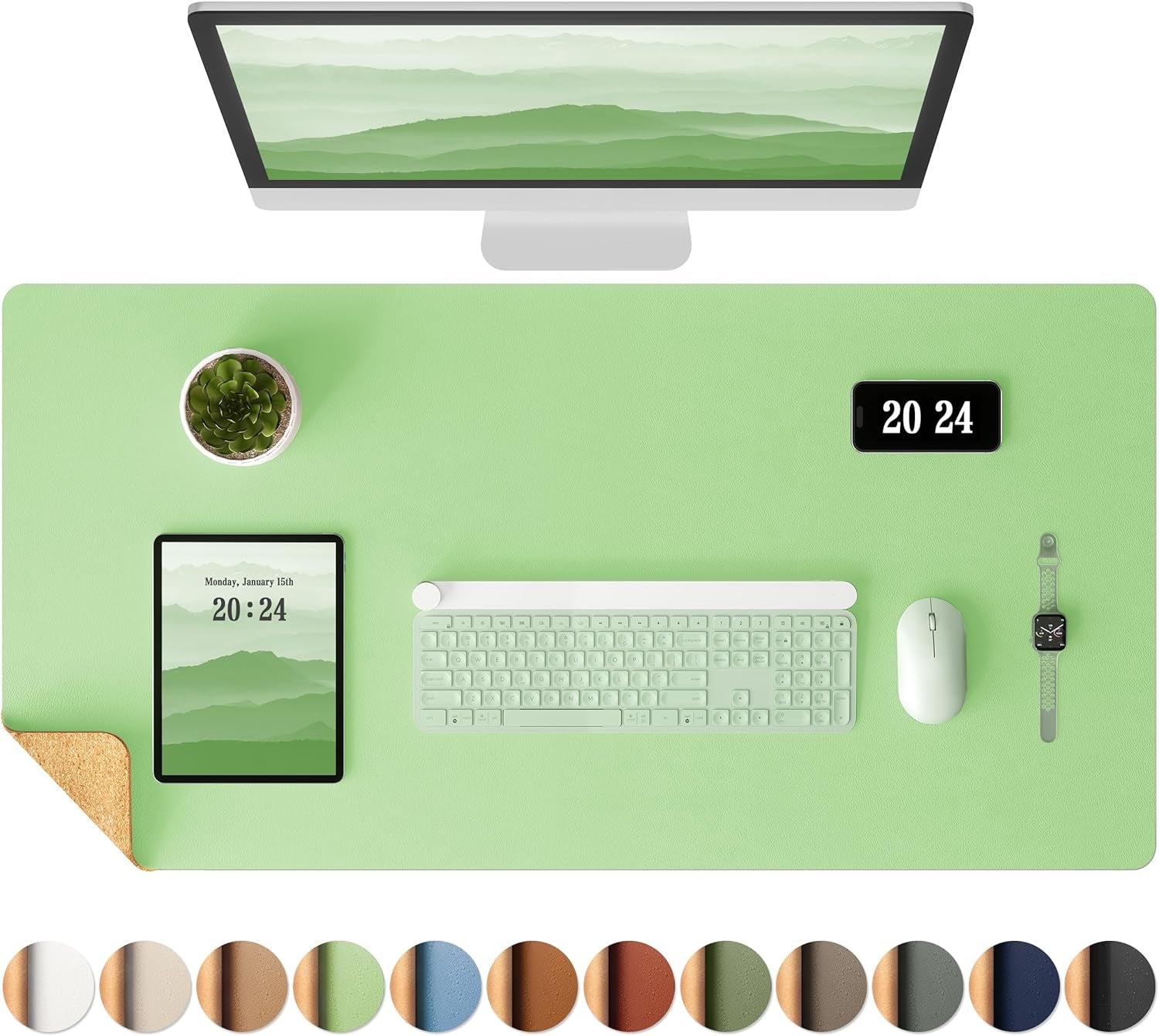 Dual-Sided Desk Pad - Leather Desk Mat, Natural Cork Desk Pad Protector, Large Mouse Pad for Desk, Waterproof Desk Blotter Pad, Desk Writing Pad for Office Work/Home, Apricot(25.6"X13.7")