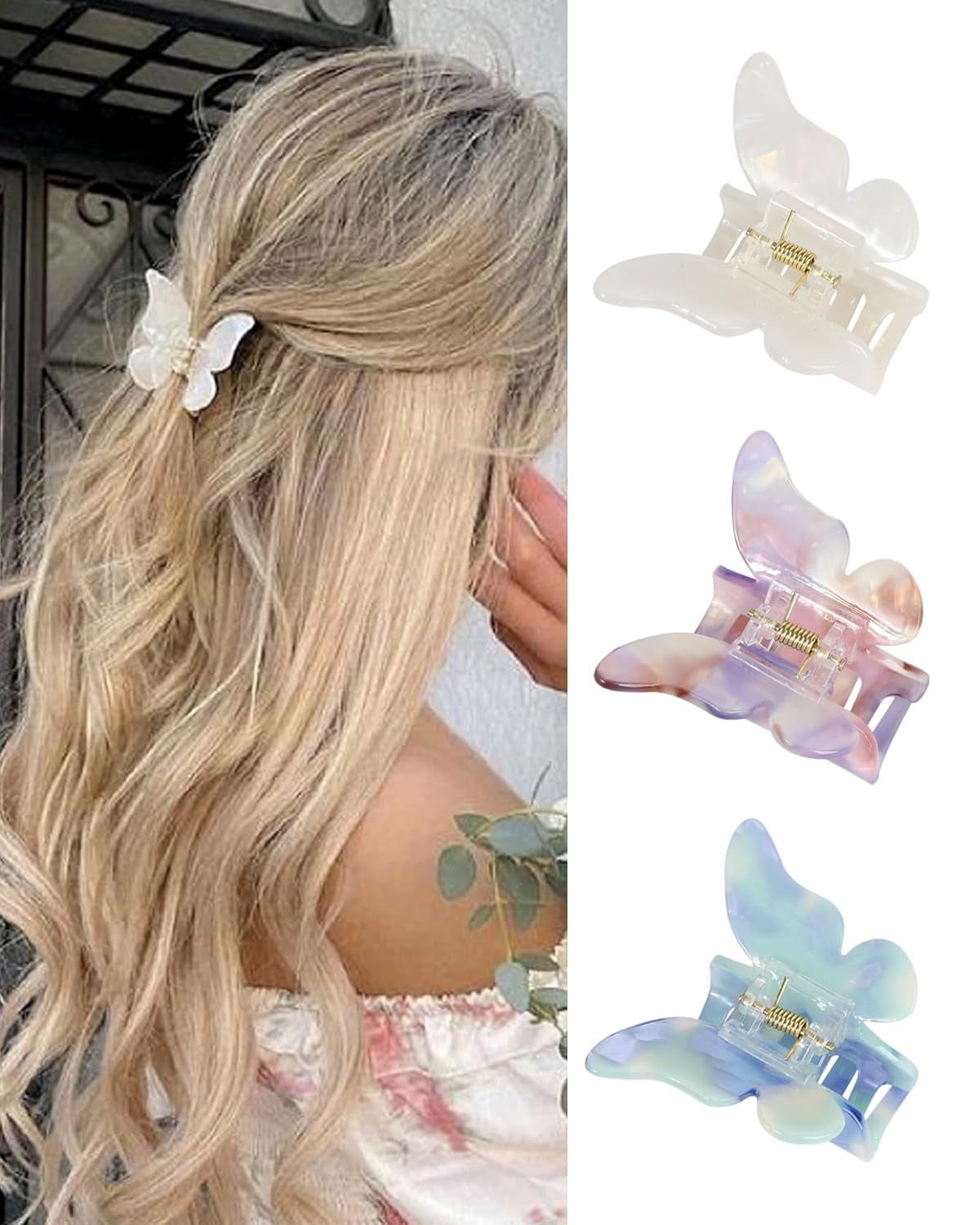 Hair Accessories - 3.3 Inch Butterfly Hair Claw Clips, Large Sized Jaw Clips for Girls and Women, 5 Pack