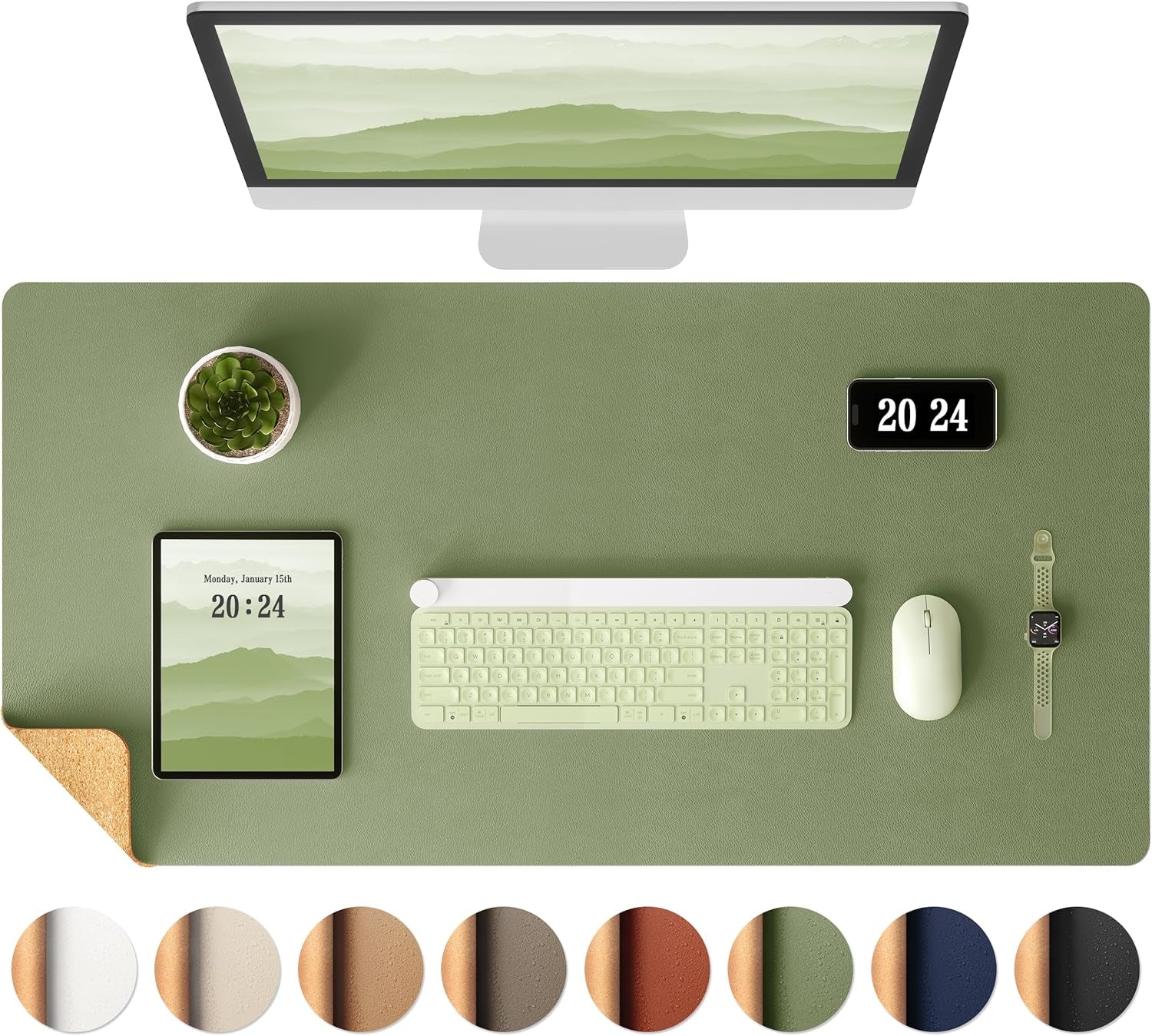 Dual-Sided Desk Pad - Leather Desk Mat, Natural Cork Desk Pad Protector, Large Mouse Pad for Desk, Waterproof Desk Blotter Pad, Desk Writing Pad for Office Work/Home, Apricot(25.6"X13.7")