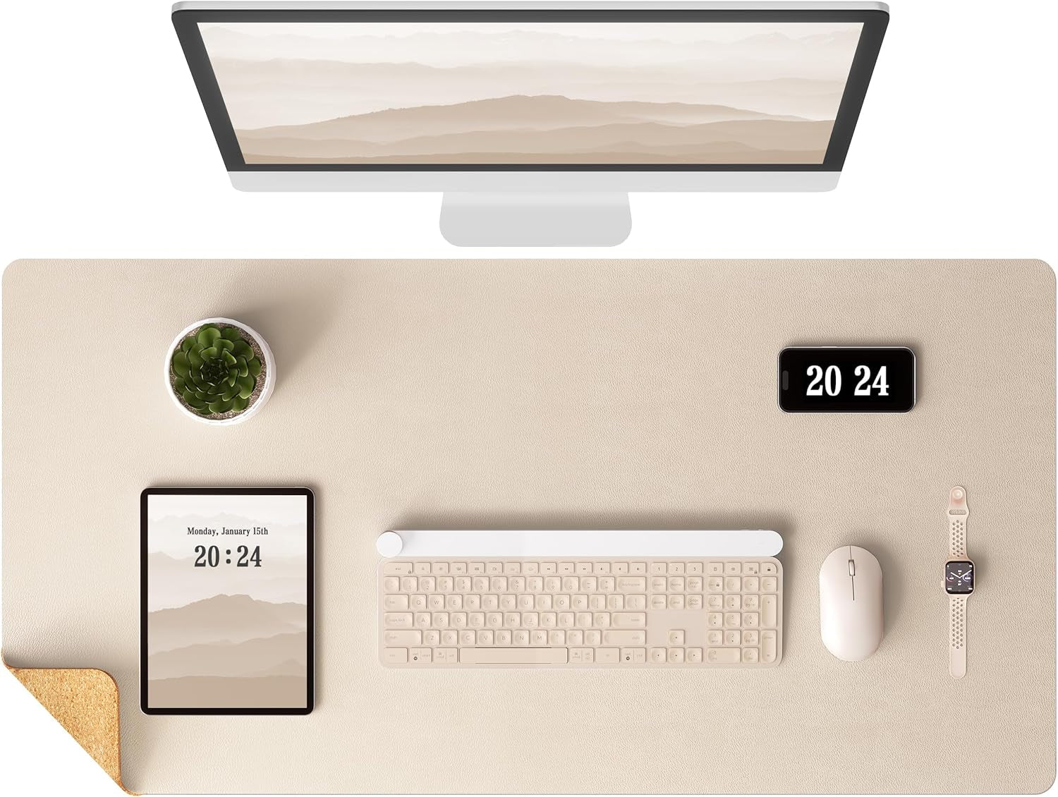 Dual-Sided Desk Pad - Leather Desk Mat, Natural Cork Desk Pad Protector, Large Mouse Pad for Desk, Waterproof Desk Blotter Pad, Desk Writing Pad for Office Work/Home, Apricot(25.6"X13.7")